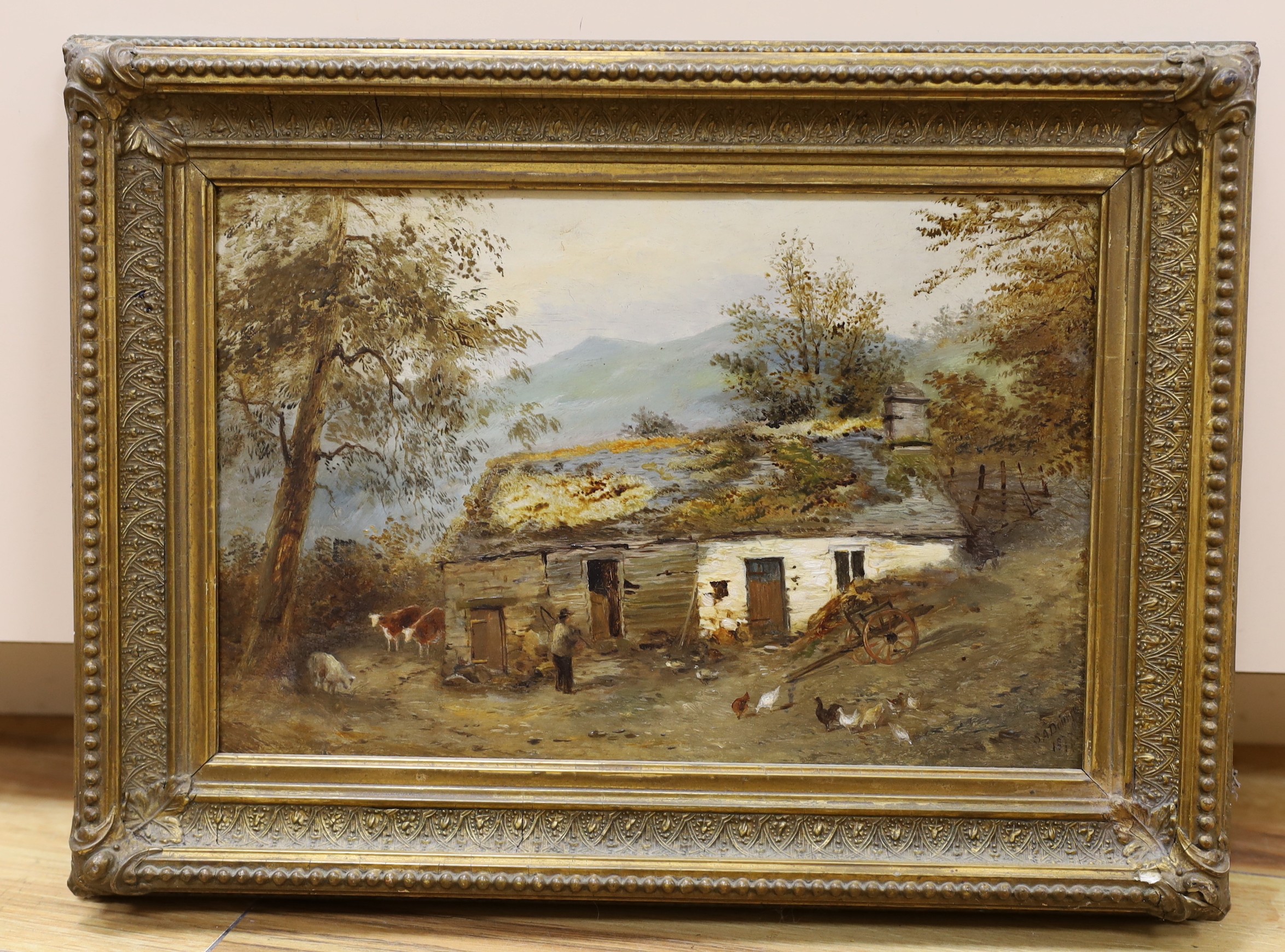 Victorian School, oil on millboard, Crofter's cottage with figure and livestock, signed and dated 1877, 19 x 29cm